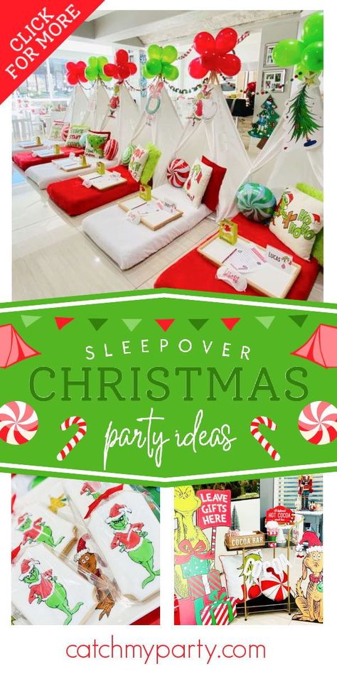 Don't miss this fantastic Grinch-themed Christmas sleepover party! The teepees are awesome! See more party ideas and share yours at CatchMyParty.com Christmas Pajama Party Food Ideas, Grinch Themed Sleepover, Grinch Slumber Party, Christmas Pijamada Ideas, Christmas Slumber Party Ideas For Kids, Grinch Sleepover Party, How The Grinch Stole Christmas Party, Christmas Sleepover Party, Grinch Sleepover