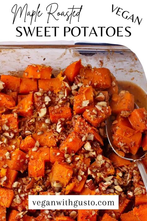 Easy maple roasted sweet potatoes with pecans is a delicious oven-baked vegan sweet potato casserole recipe. It’s dairy-free and made without added oil or melted butter. Perfect for Thanksgiving! But don’t wait for special occasions. Simple ingredients and easy prep make this a family favorite you can make any time of the year. Vegan Sweet Potato Casserole Recipes, Dairy Free Sweet Potato Casserole, Sweet Potatoes With Pecans, Maple Pecan Sweet Potatoes, Whole Food Vegan Recipes, Food Vegan Recipes, Sweet Potato Oven, Vegan Sweet Potato Casserole, Sweet Potato Pecan