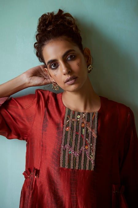 Buy Medha Orange Chanderi Yoke Hand Embroidered Tunic And Pant Set Online | Aza Fashions Hand Embroidered Tunics, Indian Tunic, Embroidery On Kurtis, Kurti Embroidery Design, Tunic Pattern, Embroidered Tunic, Aza Fashion, Hand Embroidered, Pants Set