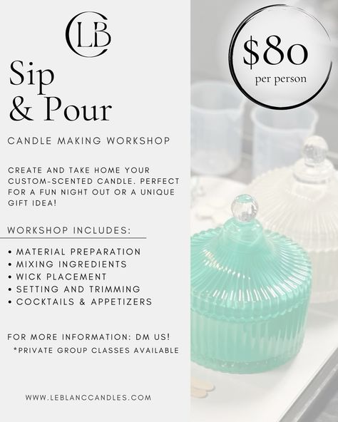 Unwind and ignite your creativity at our Sip & Pour Candle Workshop! Enjoy a relaxing evening of candle-making while sipping on your favorite drink. Create your custom-scented candle and take home a beautiful, handcrafted piece of art. Perfect for a fun night out or a unique gift idea. Reserve your spot today! #candleworkshop #funnightout #community #candlemaking #leblanccandles #candles Candle Making Checklist, Candle Workshop, Cocktail Appetizers, Relaxing Evening, Scented Candle, Favorite Drinks, Home A, Candle Making, Good Night