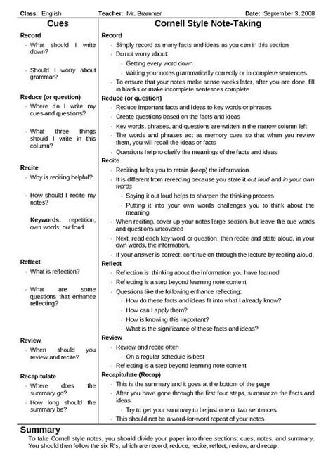 Cornell note taking Note Taking Tips, Cornell Notes, College Notes, Study Techniques, College Study, Study Habits, School Study Tips, School Help, Study Skills