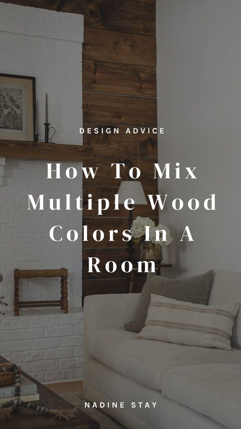 Different Wood Stains In One Room, Wood Mixing Interior, Dark Walnut Furniture Living Room, Multiple Wood Colors In One Room, Wood On Wood Living Room, Different Shades Of Wood In Living Room, Wood Tones That Go Together Furniture, Mix Of Wood Tones, Too Much Wood In House