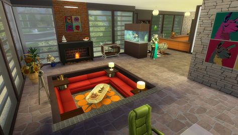 A 1970's style house with a conversation pit. Groovy! Sims 4 Living Room Ideas, Sims 4 Living Room, Living Room Sims 4, Conversation Pit, Patio Pond, Sunken Living Room, Sims 4 Expansions, Sims Building, Sims 4 Game