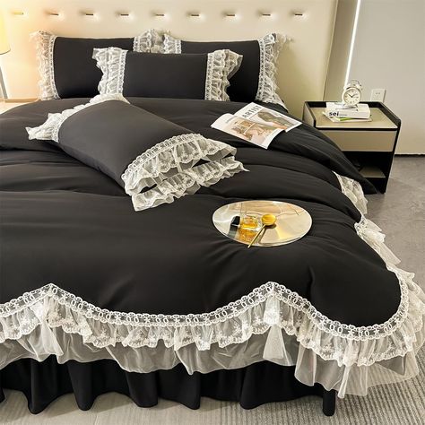 PRICES MAY VARY. ★3 Piece Duvet Cover：The black duvet cover including : 1 *Full Duvet Cover: 80 X 90 inches +2* Pillow Shams: 20 X 26 inches,NO Including Comforter! ★ Lace Ruffled Design: Lace Ruffled design on the edge of duvet cover and pillowcases ,charming appeal to your bedroom décor.This gorgeous lace princess duvet cover sets will fill your bedroom with romance and sweetness. ★ Polyester Material:Soft, 100% polyester microfiber construction,wrinkle-resistant fabric.Breathable, Comfortable, Skin-friendly! ★Zip &Ties:Great zipper stealth design, not hurt the skin, will not affect the unity of the whole aesthetic feeling.The shabby chic duvet cover have the ties design,ties in each corner inside the duvet cover make it easy to secure your comforter,secure your comforter and prevent it Goth Bed, Shabby Chic Duvet, Lace Bedding Set, Black Comforter, Girl Bedding, Black Duvet, Black Duvet Cover, Red Bedding, Full Duvet Cover