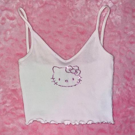 Hello Kitty Crop Top, Clothing Diys, Hello Kitty Rhinestone, Hello Kitty Top, Rhinestone Crop Top, Sanrio Clothes, White Hello Kitty, Hello Kitty Design, 달력 디자인