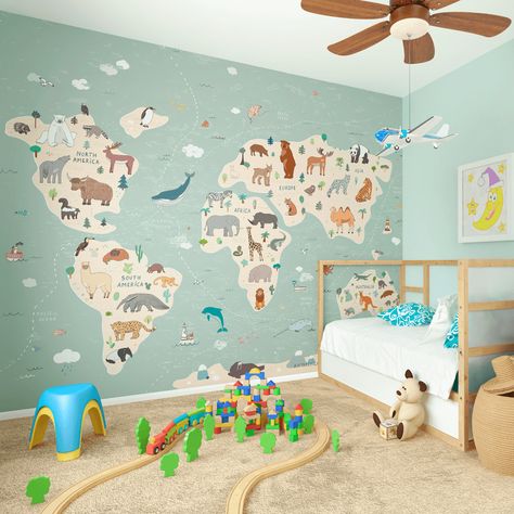 World Map Mural, Playroom Wallpaper, Map Wall Mural, Map Murals, Maps For Kids, World Map Wallpaper, Map Wallpaper, World Map Wall, Wallpaper Decor