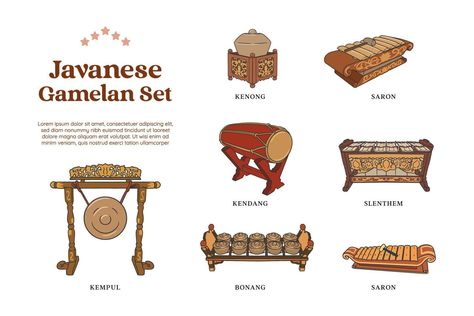 set of gamelan traditional music instrumental hand drawn illustration Gamelan Bali, Gamelan Jawa, Music Instruments Kids, Musik Tradisional, Musical Instruments Drawing, Fauna Illustration, Human Scale, Calendar Design Template, Ramadan Kids