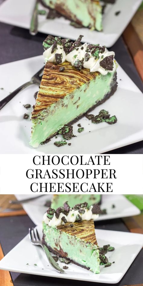 Based on the popular cocktail, this Chocolate Grasshopper Cheesecake features a mint chocolate filling on top of an Oreo crust. It's a delicious and unique dessert! Grasshopper Cheesecake Recipe, Grasshopper Cheesecake, Saint Patrick Party, St Patrick Day Recipes, Unique Cheesecake, Mint Chocolate Cheesecake, Cheese Cake Recipe, Mint Desserts, Mint Cheesecake