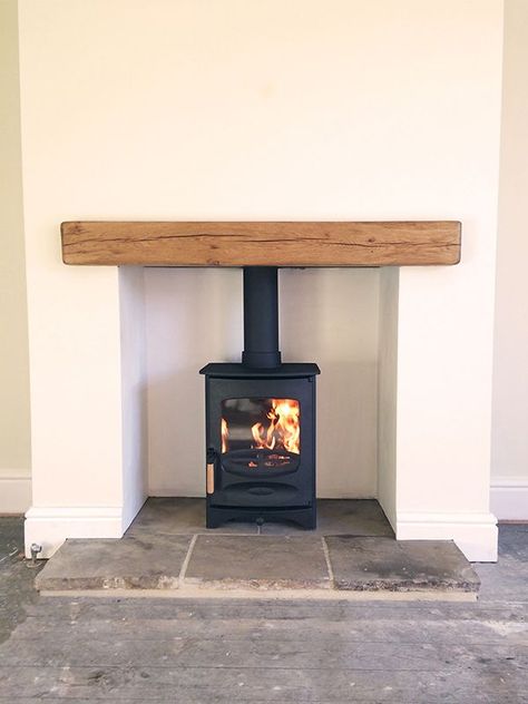 Oak Beam Fireplace, Surround Fireplace, Wood Burner Fireplace, Log Burner Fireplace, Log Burner Living Room, Fireplace Beam, Oak Fireplace, Slate Hearth, Fireplace Logs