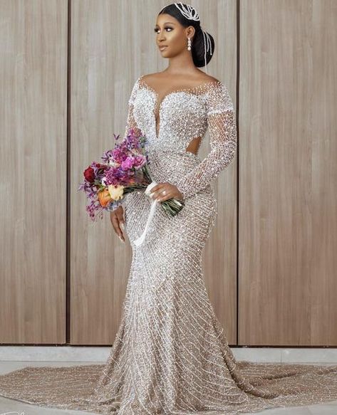 Bling Mermaid Wedding Dress, Luxury Wedding Gown, Beaded Wedding Dress Mermaid, Gown Designs, Long Bridal Gown, Beaded Wedding Gowns, Long Sleeve Wedding Gowns, Stylish Wedding Dresses, Bridal Gowns Mermaid