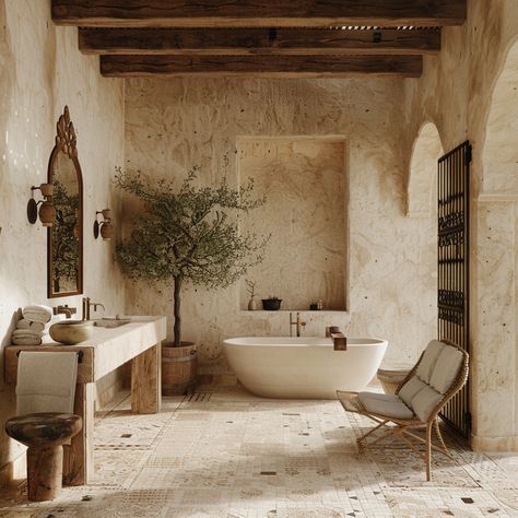 Bathroom Design Mediterranean, Italian Inspired Bathroom Master Bath, Mediterranean Interior Bathroom, Spanish Villa Bathroom, Medeteranian Bathroom, Rustic Italian Bathroom, Italian Bathroom Tuscan Style, European Bathroom Ideas, Tuscan Style Bathroom