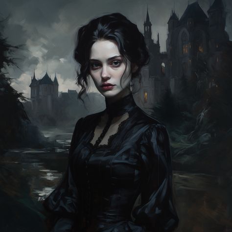 Vampire Woman Painting, Horror Woman Art, Gothic Portrait Painting, Victorian Woman Character Art, Vampiress Aesthetic, Modern Vampire Art, Haunted Portraits, Vampire Woman Art, Victorian Gothic Aesthetic