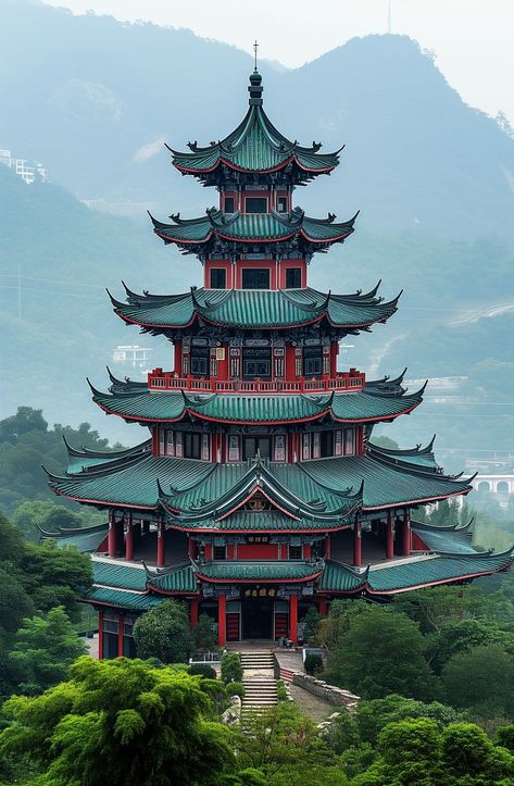 Ethereal scene featuring a red pagoda rising amidst verdant greenery and reflected in the still waters of a serene pond, a picturesque representation of tranquility in a traditional Eastern garden. Chinese House Design, Ancient Japanese Architecture, Pagoda Lanterns, Japanese Style House, Japan Tattoo Design, Chinese Aesthetic, Japan Architecture, Space Phone Wallpaper, Asian Architecture