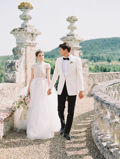 White Groom Tuxedo, Groom Boutonniere White, Storybook Castle, Italian Elopement, Boutonniere White, Ersa Atelier, Grooms Attire, Blush Bridal Bouquet, Groom Tux