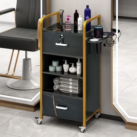 【High-Quality Materials】:High-quality materials make the Salon Station strong and durable. Gold-colored gold iron pipes form the frame of the salon station, with a smooth marbled wood board sheet in the center that repels water, corrosion, and heat. Wood Makeup Organizer, Salon Storage, Salon Styling Stations, Salon Trolley, Salon Stations, Styling Stations, Buffets And Sideboards, Hair Dryer Holder, Utility Cart