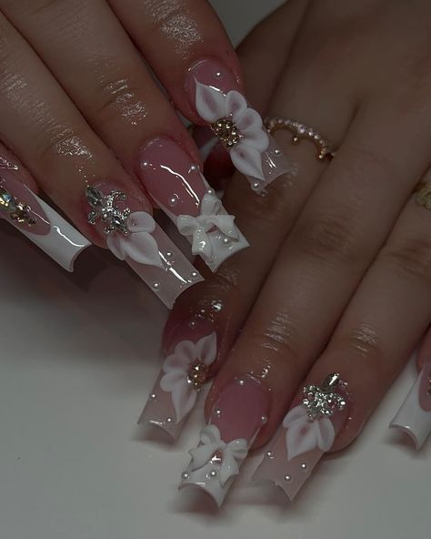 One of my favs🩷💗 •DM to Book Follow @_nailsbyanahy for more🩷 • • • • • #nailsnailsnails #fyp #famousnails #prettynails #bombnails… | Instagram Pretty Nails Medium Length, Medium Quince Nails, Medium Length Nail Inspo Acrylic, Nail Set Inspiration, Long Gel X Nail Ideas, Pretty Prom Nails, Cute Nails With Diamonds, Birthday Nail Inspo 2024, White Gem Nails