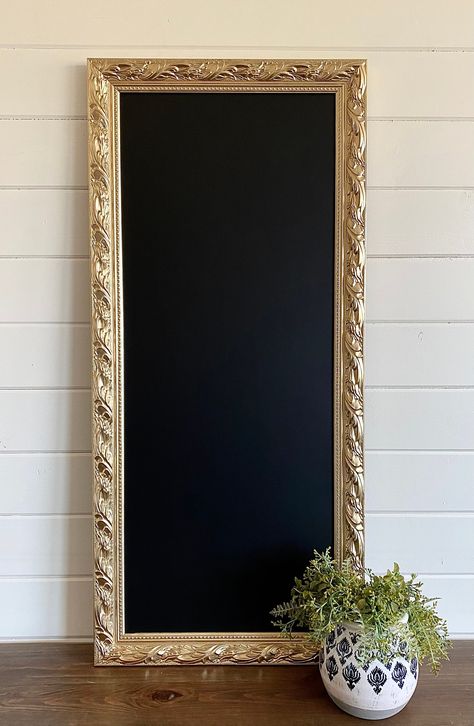 "Long and Narrow KITCHEN CHALKBOARD  A reproduction of a 19th century style frame transformed into a beautiful magnetic chalkboard. A timeless vintage look in our popular metallic gold or customize with your color choice.  Perfect size for any home, wedding, event or business. OVERVIEW: - Approx. size: 16x40 Outside, 12x36 Inside - OR - 20x44 Outside, 16x40 Inside - Frame Color: YOUR COLOR CHOICE (Metallic Gold SHOWN) - Type of Board: YOUR CHOICE (Magnetic Chalkboard SHOWN)  ADD CHOICE TO CHECKO Long And Narrow Kitchen, Decorative Chalkboards, Diy Chalkboard Frame, Chalkboard Wall Kitchen, Magnet Display, Chalkboard Mirror, Statement Kitchen, Business Overview, Kitchen Chalkboard