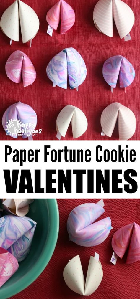 These paper fortune cookies are easy to make and fun for kids to give to their friends and classmates for Valentine's Day. Great last minute Valentine's craft for kids! See the video how-to in the post! #HappyHooligans #ValentinesCrafts #KidsCrafts #CraftsForKids #PaperCrafts #FortuneCookies  via @https://www.pinterest.com/happyhooligans/ Cookies For Kids To Make, Paper Fortune Cookies, Valentines Paper, Quotes Valentines Day, Saint Valentin Diy, Valentines Bricolage, Paper Circle, Easy Valentine Crafts, Diy Valentines Cards