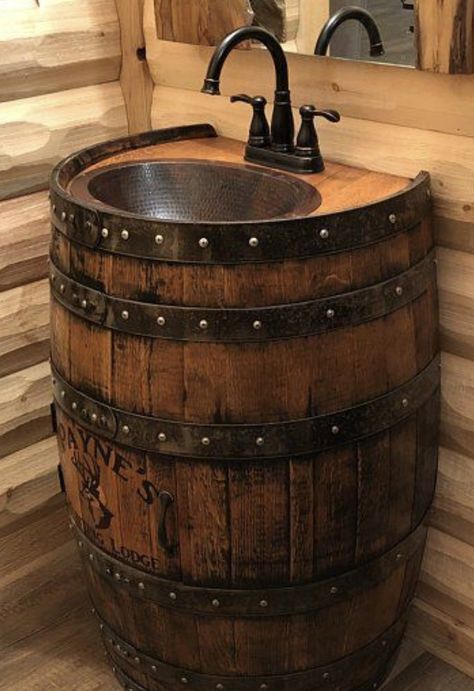 Wine Barrel Sink Bathroom, Barrel Sink Bathroom, Wine Barrel Sink, Whiskey Barrel Sink, Barrel Sink, Ranch House Decor, Barrel Bar, Wine Barrel Furniture, Cabin Bathrooms