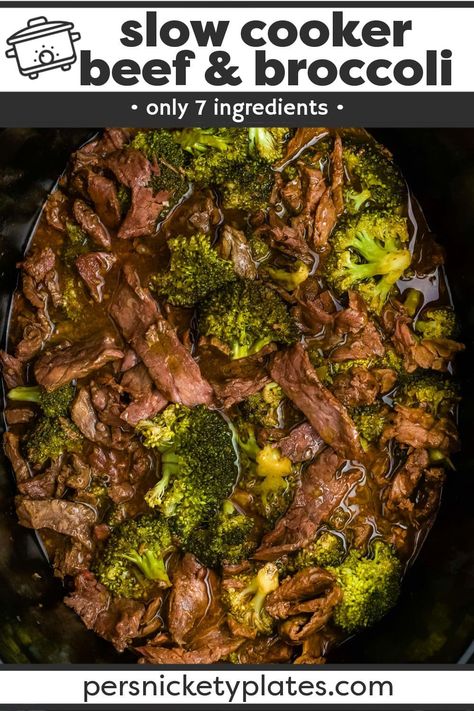 With just seven ingredients and minutes of prep time, this Slow Cooker Beef and Broccoli recipe is going to be a new family favorite! | www.persnicketyplates.com Slow Cooker Beef And Broccoli Healthy, Beef Tips And Broccoli Crock Pots, Beef With Broccoli Recipe Crockpot, Crockpot Beef Tips And Rice, Broccoli Beef Crockpot, Crockpot Beef Broccoli, Beef And Broccoli Crock Pot, Slow Cooker Beef Broccoli, Slow Cooker Beef And Broccoli