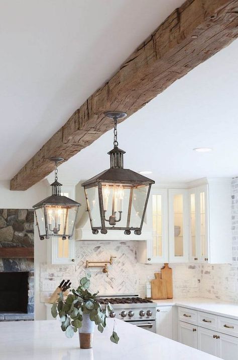 Oak beams to clad RSJ's - Oak Beam UK Antique Wood Floors, Wooden Beams Ceiling, White Wood Floors, Minimalist Home Interior, Wood Beam Ceiling, Wood Ceiling, Rustic Farmhouse Kitchen, Wooden Ceilings, Wooden Beams