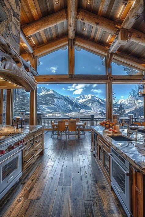 Mountain Home Design Interiors, Big Window Kitchen, Winter Cabin Kitchen, Luxury Mountain Homes, Mountain Home Kitchen, Cozy Mountain Home, Alaskan Homes, Big Cabin, Mountain Dream Homes