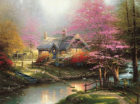 Thomas Kinkade Cottage, Thomas Kinkade Art, Thomas Kinkade Paintings, Thomas Kincaid, Kinkade Paintings, Art Thomas, Cottage Painting, My Sweetheart, Cottage Art