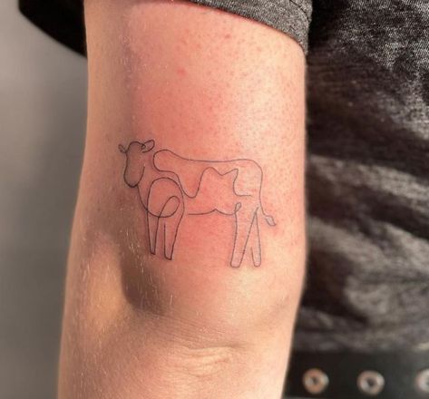 Cow Inspired Tattoo, One Line Cow Tattoo, Fine Line Cow Tattoo, Cow Tattoo Small Simple, Cow Tag Tattoo, Cow Print Tattoo, Cow Outline Tattoo, Cow Tattoo Ideas, Cow Tattoos