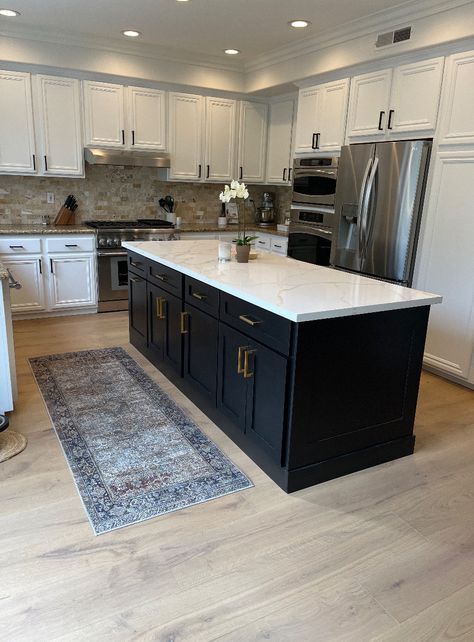 "Brand new black kitchen island with \"Glam\" white quartz countertop, it has one trash tray and two double rolls out trays in 2 sections (4ft length each ) design. Fully assembled kitchen island. If you are looking for a kitchen island designed specifically for your needs, we will be happy to help you. \"Our cabinets are custom made in Los Angeles, CA. Each cabinet is given undivided attention to detail. All soft close for drawer/doors (except interior/trash trays). Buyer needs to join 2 sections at their kitchen by few screws, Dimensions Width: 97\"x33\" on base, 99\"x36\" on top. Overall Height:36\" Feature options with an additional cost. Shipping time: 2-3 weeks after order but not including transit time for the trucking company which may take 1-2 weeks and varies to different states. Black Kitchen Cabinets With White Quartz, White Kitchen Cabinet With Black Island, White Cabinet With Black Island, Black Island Light Cabinets, Black Kitchen Floor White Cabinets, Charcoal Kitchen Island White Cabinets, Black And White Open Concept, White Cabinets Black Island Kitchen, Black White And Grey House