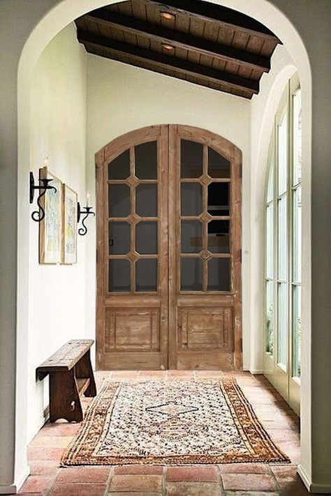 Solid Wood Top Lite Arched Door, Antique Entrance Front Doors, Custom Size Double or Single Rustic Exterior, Interior, Hinged, Pantry Door - Etsy Solid French Doors, Arched French Doors, Mediterranean Interior Design, Spanish Hacienda, Double Doors Interior, Mediterranean Interior, Rustic Exterior, Arched Doors, Mediterranean Design