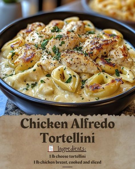 ✨ Chicken Alfredo Tortellini Delight! 🍗🧀🍝 If you're craving creamy, cheesy goodness with a dash of heartwarming comfort, this Chicken Alfredo Tortellini is your answer! 🙌 This dish is rich, flavorful, and oh-so-easy to whip up! Ready in just 25 minutes, it's perfect for a cozy night in or a special family meal. Let’s get cooking! 👩‍🍳👨‍🍳 Ingredients You'll Need: 🍝 1 lb cheese tortellini 🍗 1 lb chicken breast, cooked & sliced 🥄 2 tbsp olive oil 🥛 1 cup heavy cream 🧀 1/2 cup grated Parmesan che... Chicken Alfredo Bacon Tortellini, Garlic Parmesan Chicken Tortellini, Garlic Parmesan Tortellini With Chicken And Broccoli, Olive Garden Chicken Tortellini Alfredo, Chicken And Cheese Tortellini Recipes, Tortellini Cream Cheese, Three Cheese Tortellini Recipes, Olive Garden Tortellini, Chicken And Tortellini Recipes