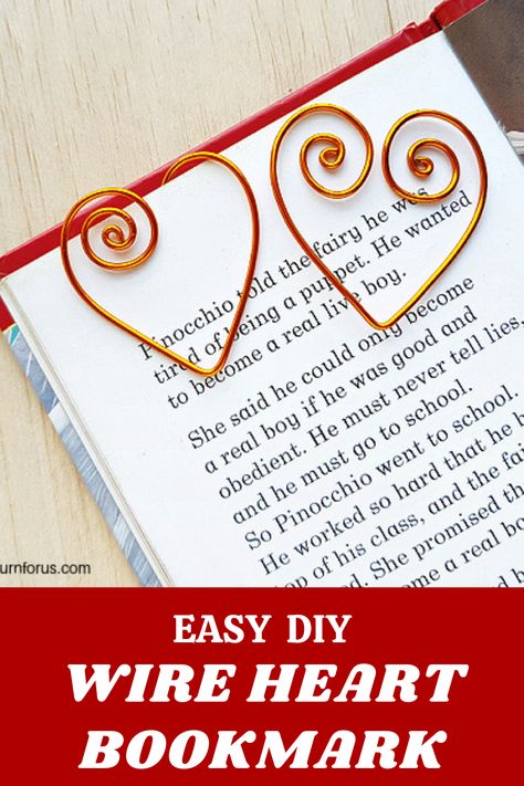 Make this wire heart bookmark with these easy instructions on how to make wire hearts for Valentines day. This super cute DIY wire bookmark makes cool gifts for readers of all ages. gifts for readers of all ages. #WireHeartBookmark #ValentinesDayBookmark #ValentinesDayGift #Journal #DIYWireBookmark #myturnforus Wire Bookmarks Diy, Diy Wire Heart, Hearts For Valentines Day, Wire Hearts, Wire Bookmarks, Wire Jig, Wire Jewelry Patterns, Heart Bookmark, Wire Craft