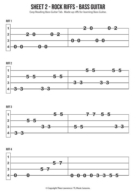 Sheet 2 - Rock Riffs for Learning Bass Guitar Bass Chords Songs, Bass Guitar Notes Sheet Music, Bass Tabs Sheet Music, Bass For Beginners, Bass Guitar Chords Songs, Bass Guitar Chords Beginner, How To Play The Bass Guitar, Bass Guitar Songs For Beginners, Easy Bass Guitar Riffs