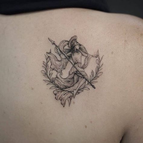 Athena Tattoo Small, Athena Tattoos, Mythology Tattoo Ideas, Greek Mythology Tattoo Ideas, Greek Goddess Tattoo, Artemis Tattoo, Athena Tattoo, Greek God Tattoo, Shield Tattoo