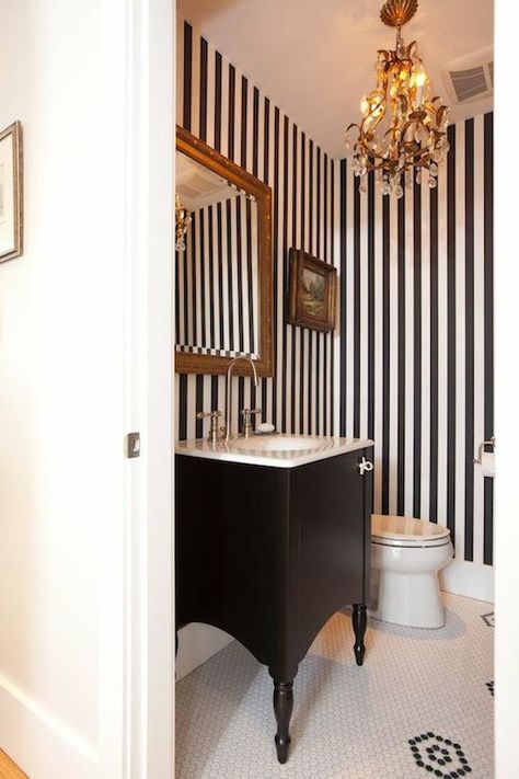 Striped Powder Room, Transitional, bathroom, HGTV Striped Wallpaper Bathroom, Powder Bathroom Ideas, Contemporary Home Offices, Love It Or List It, Powder Room Decor, Jillian Harris, Makeup Room Decor, Striped Walls, Bad Inspiration