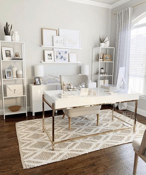 11 Stunning Home Offices With Feminine Desks. Big pretty work spaces that appeal to women with pretty desks. Entry Office Home, Corner Office Setup At Home, Home Office Boho Chic Desks, Gray White And Gold Office, Girly At Home Office, Desk In Center Of Office, Mint Green Office Decor, Office With Window Behind Desk, Home Office Ideas For Women Vintage