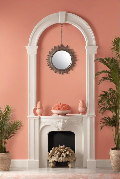 CoralFountain, BehrCoralChoice, 2024ColorTrends, PaintInspiration Coral Pink Accent Wall, Coral Accent Wall Bathroom, Coral Feature Wall, Dusty Coral Paint, Behr Coral Paint Colors, Coral Office Walls, Coral Wall Paint, Coral Painted Walls, Salmon Paint Color