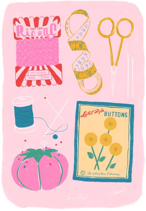 pretty in pink art print featuring vintage sewing and craft supplies illustration, including ric rac, kitschy novelty buttons, and a pink tomato pin cushion. a great addition as framed art wall decor to add flair to any crafting or sewing room that will inspire great creative ideas!  #crafting #sewing #craftroom #sewingideas #vintage #retro #artprint #walldecor #vintageinspired Vintage Sewing Illustration, Craft Supplies Aesthetic, Sewing Aesthetic Wallpaper, Sewing Aestethic, Sewing Graphic Design, Vintage Sewing Aesthetic, Kitschy Illustration, Art Supplies Illustration, Sewing Illustration Art