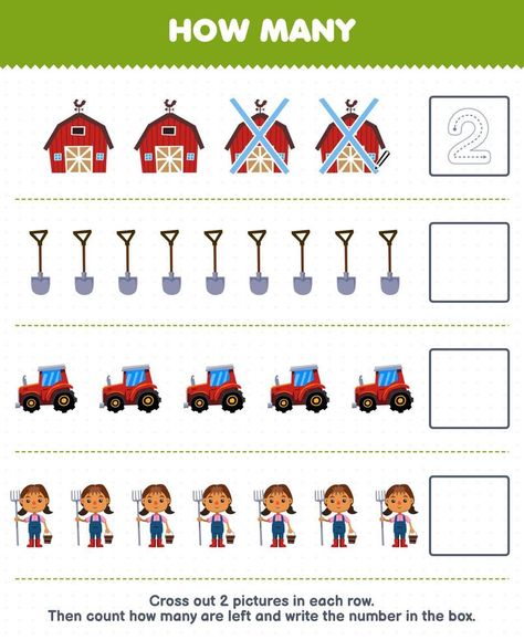 Education game for children count how many cute cartoon barn shovel tractor farmer and write the number in the box printable profession worksheet Box Printable, Game For Children, Activity Sheets, Icon Set Vector, Shovel, Professions, Icon Set, Games For Kids, Tractor