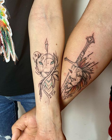 100+ Matching Couple Tattoo Ideas That Will Never Lose Their Meaning — InkMatch Lion Couple Tattoo, Couples Lion Tattoo, Smart Tattoo, Matching Couple Tattoo, Him And Her Tattoos, Partner Tattoos, Couple Tattoo Ideas, Tattoo Band, Lion Couple