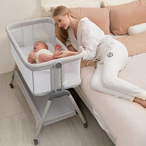 Amazon.com: ANGELBLISS Baby Bassinet Bedside Sleeper, Easy Folding Portable Bassinet for Baby with Wheels, Adjustable Height, Included Mattress : Baby Baby Bedside Crib, Next To Me Crib, Baby Bassinet Bedside, Baby Bedside Sleeper, Rocking Bassinet, Bedside Bassinet, Bedside Sleeper, Portable Bassinet, Bedside Crib