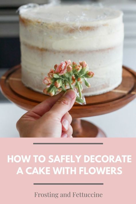 Learn how to safely (and beautifully) decorate a cake with fresh flowers in these quick and easy steps! You don't have to be a pro cake decorator to make beautiful cakes! #cakedecorating #flowersoncake #cakeart #easycakedecorating #frositngandfettuccine Fresh Flower Cake Design, Fake Flowers On Cake, Cake With Fresh Flowers, Decorate A Cake, Lemon Poppyseed Cake, Plain Cake, 50th Cake, Cake Piping, Diy Wedding Cake