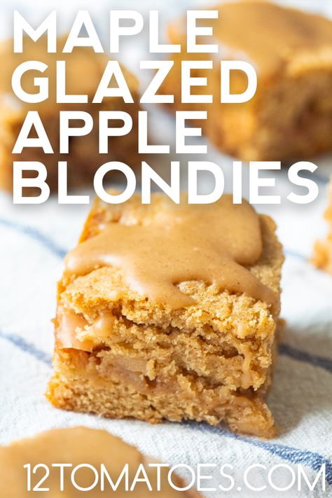 Maple Glazed Apple Blondies Maple Blondies, Apple Blondies Recipe, Apple Blondies, Maple Icing, Blondie Recipe, Apple Glaze, Apple Maple, Sweetened Whipped Cream, Blondies Recipe