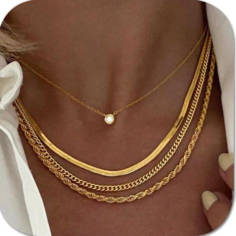 Material: 14k Gold Plated Hypoallergenic Lead & Nickle Free Tarnish Free Length: 14”-17.7” With 2” Extender 4pc Necklace Set Layered Choker Necklace, Layered Chain Necklace, Layered Chain, Cute Necklace, Multi Strand Necklace, Silver Pendant Necklace, Rope Chain, Set For Women, Vintage Necklace