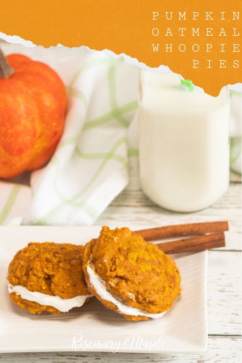 Soft and spiced pumpkin oatmeal whoopie pies sandwiched together with a buttery marshmallow filling. This fall cookie goes beyond your typical pumpkin spice cookie! Oatmeal Whoopie Pie Recipe, Oatmeal Whoopie Pies, Marshmallow Filling, Pumpkin Bundt Cake, Pumpkin Spice Cookies, Pumpkin Oatmeal, Marshmallow Creme, Spiced Pumpkin, Fall Cookies