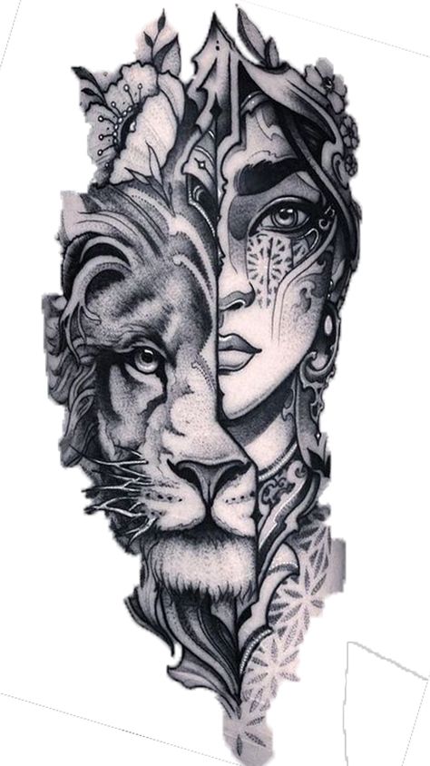 Goddess Tattoo Design Leo, Lioness Woman Tattoo, Animal Goddess Tattoo, Woman With Lion Tattoo, Animal Leg Tattoos Women, Ink Master Tattoos Galleries, Eagle And Lion Tattoo, Lion Woman Tattoo, Woman Lion Tattoo