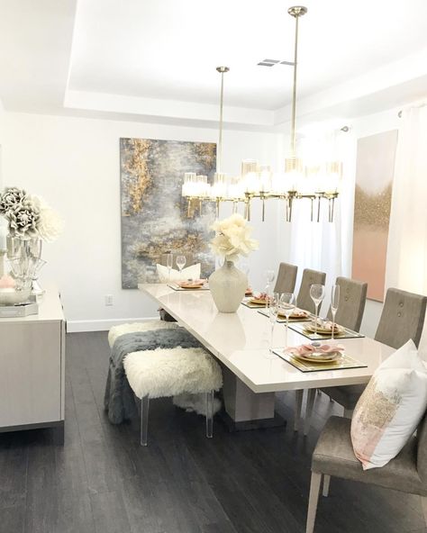 Maria 💎 on Instagram: “Welcome all glam lovers! Introducing our third week for the hashtag #theglammovement. . 👑Inspire to be inspired. . 👑 Don’t go unnoticed!…” Glam Dining Room, Glam Dining, Grey Sectional, Z Gallerie, Be Inspired, Nook, Home Decorating, Sectional, Dining Table