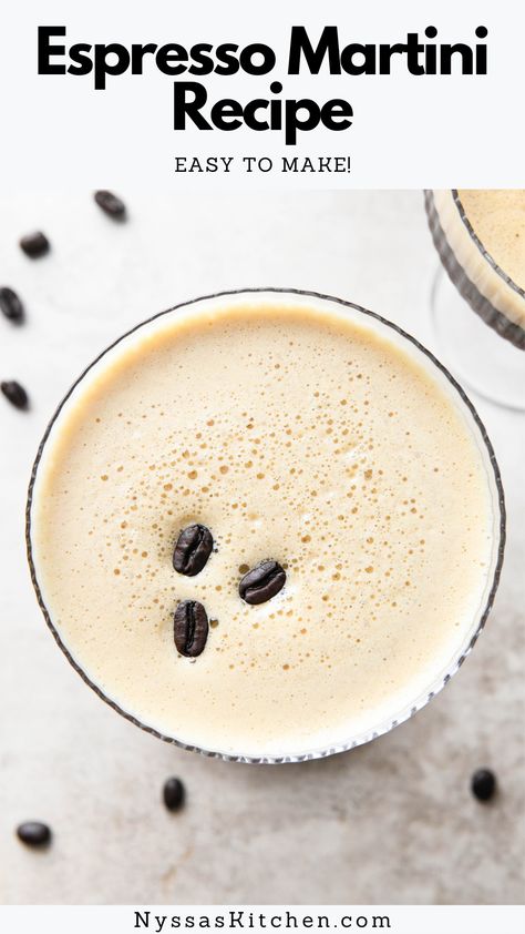 Let’s talk about how to make an espresso martini with both kahlua and vodka at home. This easy 5-minute espresso martini recipe is a bold and sweet cocktail with a foamy top that is a total crowd pleaser! It's the perfect after dinner drink made with a few simple ingredients (prepared instant coffee works well or hot espresso) and garnished with coffee beans. Creamy, extra easy, and totally dairy free! Espresso Martini Recipe Kahlua, Esspresso Martini, Easy Espresso Martini, Coffee Martini Recipe, Dairy Free Cocktails, Easy Espresso, Martini Recipes Easy, Espresso Martini Ingredients, Sweet Cocktail