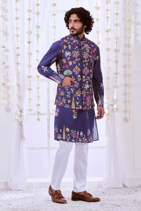 Buy Blue 100% Silk Embroidery Kalamkari Thread Nizam Nehru Jacket For Men by Taroob Online at Aza Fashions. Floral Jacket Outfit, Kalamkari Kurta, Nehru Jacket For Men, Kurta Set For Men, Nehru Jacket, Nehru Jackets, Floral Jacket, Kurta With Pants, Thread Embroidery