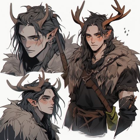 Tiefling With Antlers, Deer Character Design Male, Tiefling Antlers, Satyr Male Character Design, Druid Oc Male, Elves With Horns, Horned Character Design Male, Oc With Antlers, Deer Hybrid Human Male